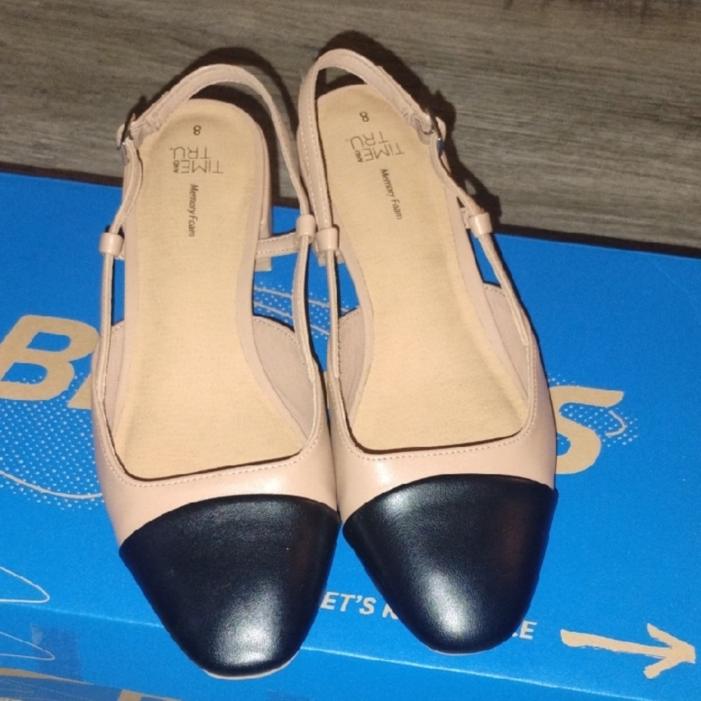 Time and Tru Two-Tone T-Strap Flats - Black and Beige